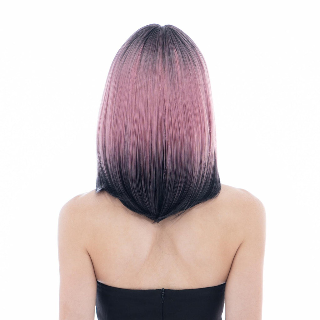 Short (13.8in/35cm) Straight Black & Pink Reverse Ombre Realistic Synthetic Wig (Pre-styled Synthetic Fiber) |【with Bangs】【Adjustable, Glueless】【Cap Included】 |