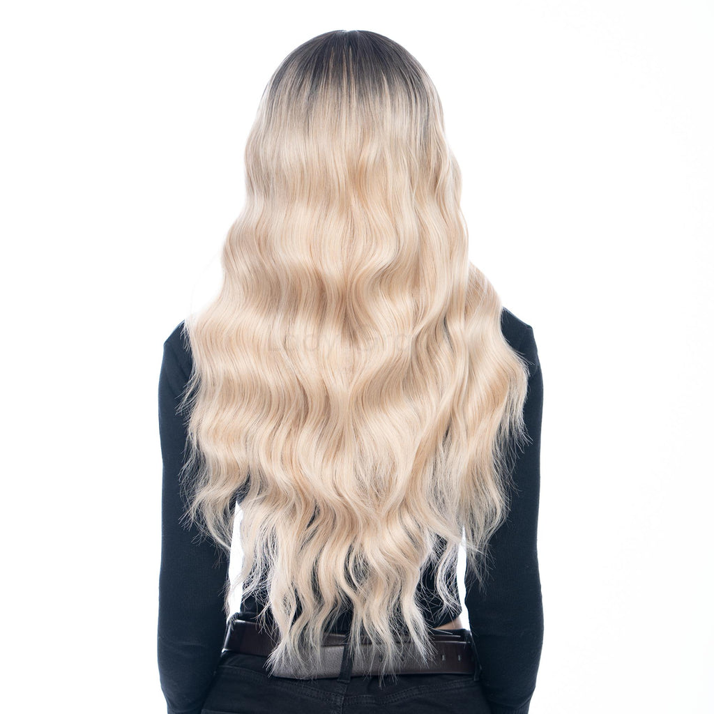 Black to 'Cloud Cream' Blonde Ombre Long Gentle Wave HQ Synthetic Wig | 【Frontal Lace】【Adjustable, Glueless】【250F Heat Resistant】【Cap Included】 |#39