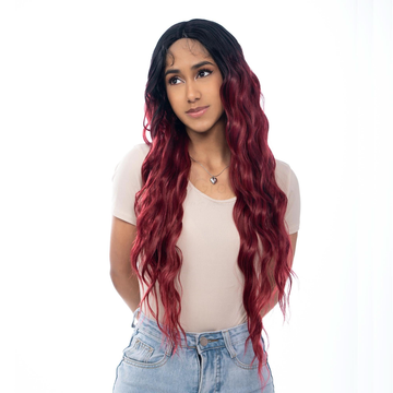 Raven Black to Vibrant Scarlet Wine Red Ombre Long Shallow Wave HQ Synthetic Wig | 【Frontal Lace】【Adjustable, Glueless】【250F Heat Resistant】【Cap Included】 |#36