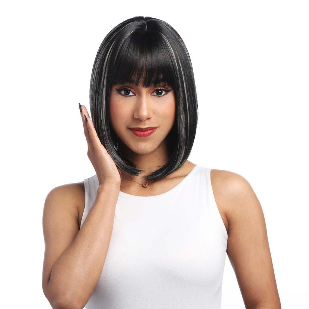 Black with Ash Beige Underlights 14" Straight HQ Synthetic Wig | 【Wig Cap Included】【175°F Heat Resistant】【Adjustable, Glueless】 | #7@25