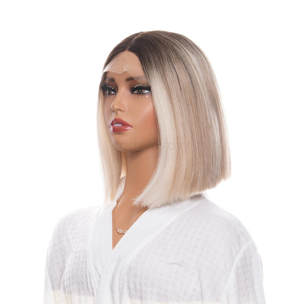 Brown Streaked Light Ash Blonde Straight Blonde Synthetic Wig |【Frontal Lace】【Adjustable, Glueless】【250F Heat Resistant】【Cap Included】| #23 @26