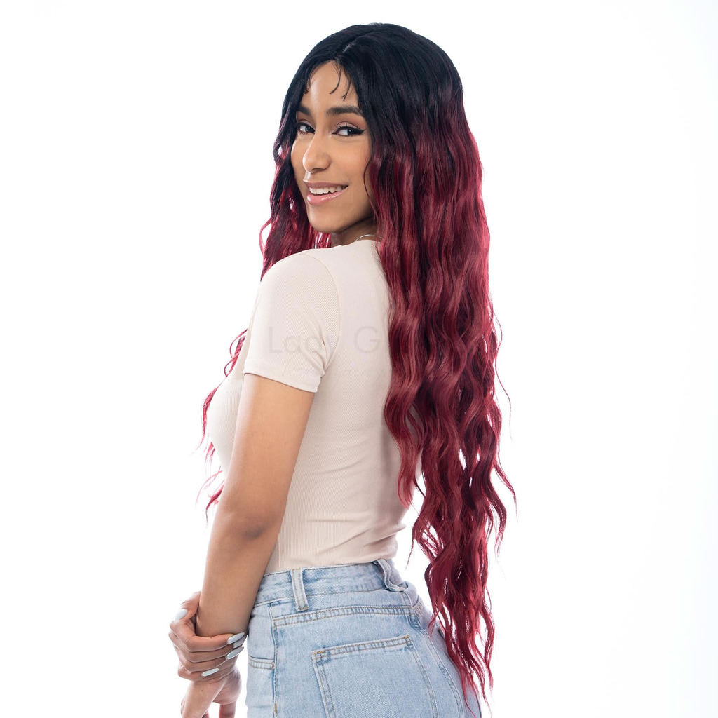 Raven Black to Vibrant Scarlet Wine Red Ombre Long Shallow Wave HQ Synthetic Wig | 【Frontal Lace】【Adjustable, Glueless】【250F Heat Resistant】【Cap Included】 |#36