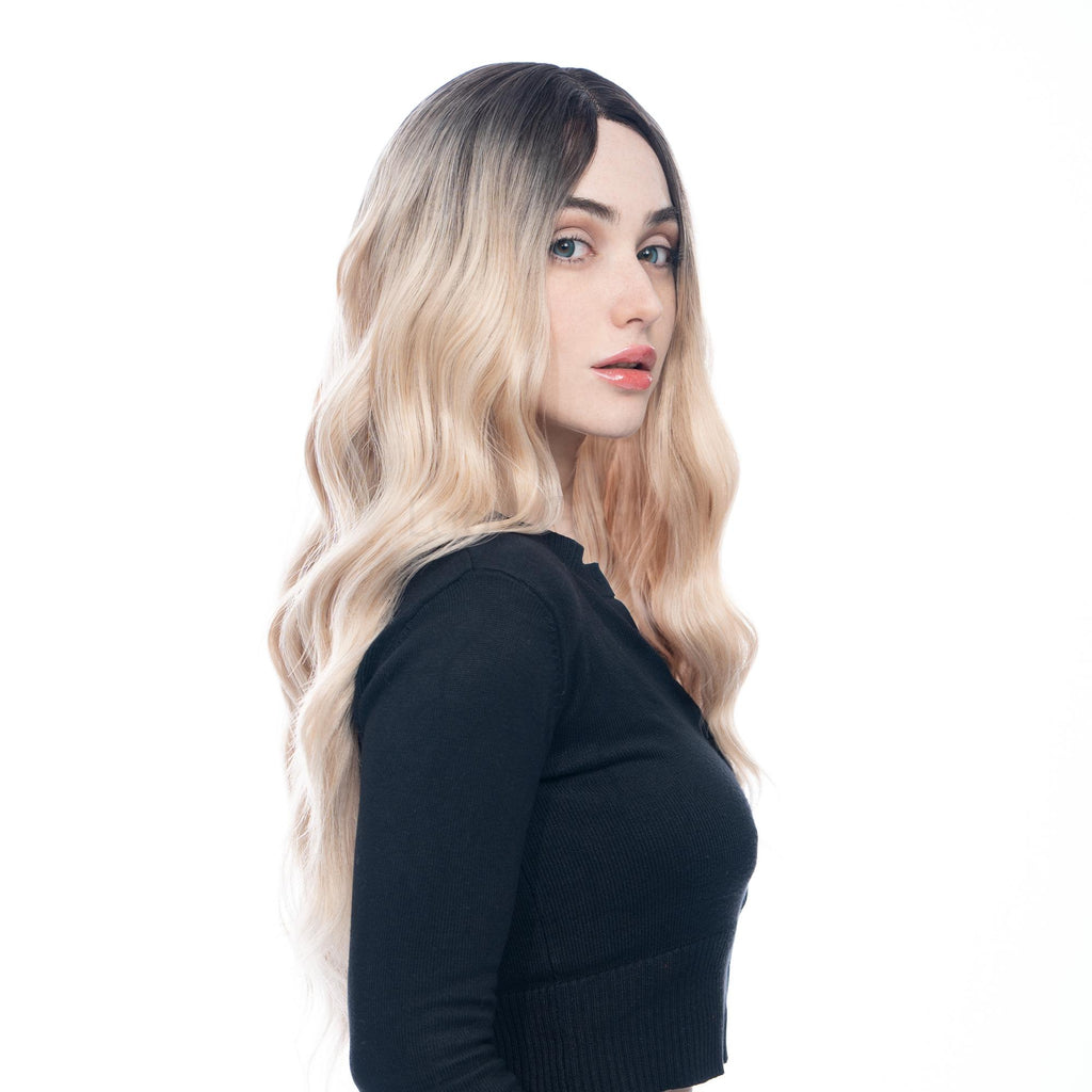 Black to 'Cloud Cream' Blonde Ombre Long Gentle Wave HQ Synthetic Wig | 【Frontal Lace】【Adjustable, Glueless】【250F Heat Resistant】【Cap Included】 |#39