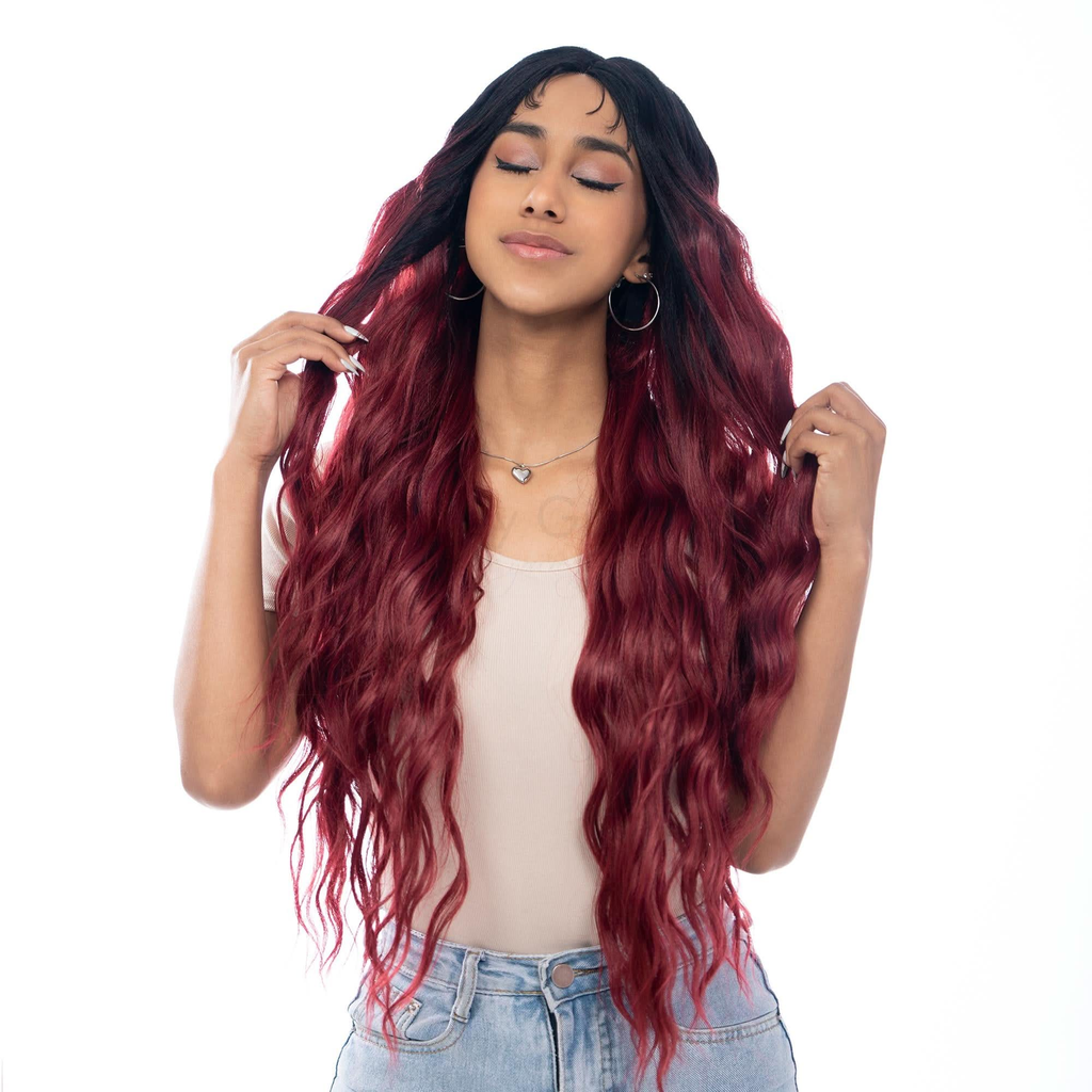 Raven Black to Vibrant Scarlet Wine Red Ombre Long Shallow Wave HQ Synthetic Wig | 【Frontal Lace】【Adjustable, Glueless】【250F Heat Resistant】【Cap Included】 |#36