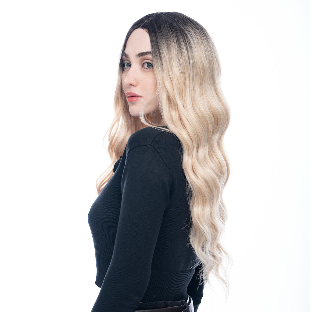 Black to 'Cloud Cream' Blonde Ombre Long Gentle Wave HQ Synthetic Wig | 【Frontal Lace】【Adjustable, Glueless】【250F Heat Resistant】【Cap Included】 |#39