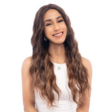 Long(24.5in/62cm) Brown with Carmel Sand Blonde Underlights Shallow Waves Realistic Synthetic Wig (Pre-styled Synthetic Fiber) |   【Adjustable, Glueless,;lace】【Cap Included】【USA Stocked】 | #14@12