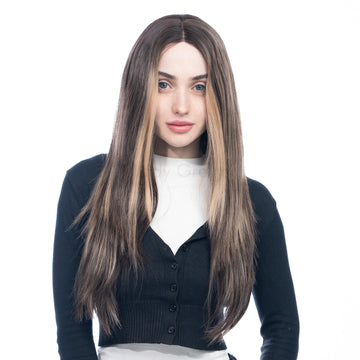 Dark Brown with Champagne Blonde Highlights Long Almost-Straight Undone Waves HQ Synthetic Wig | 【Frontal Lace】【Adjustable, Glueless】【250F Heat Resistant】【Cap Included】 |#39