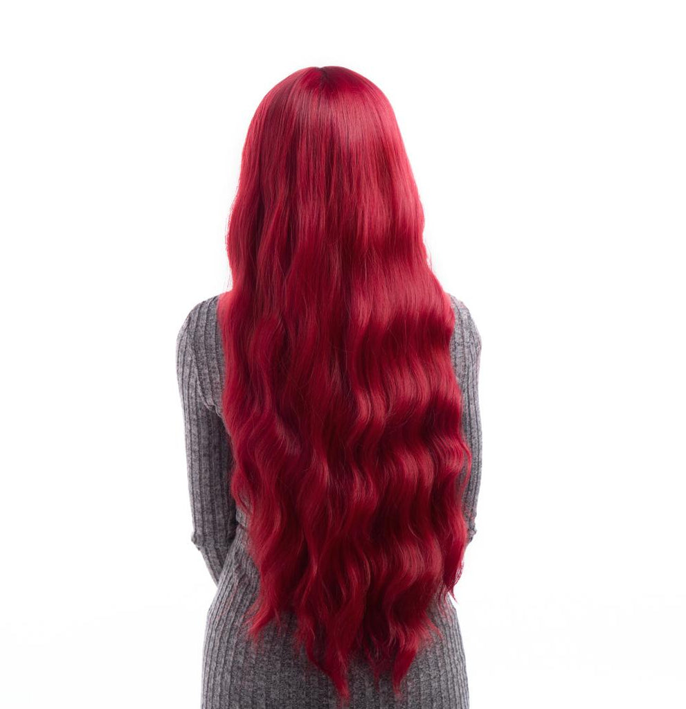 Cherry Garnet Red Long Water Wave HQ Synthetic Wig |  【Bangs】【Wig Cap Included】【250°F Heat Resistant】【Adjustable, Glueless】|#24