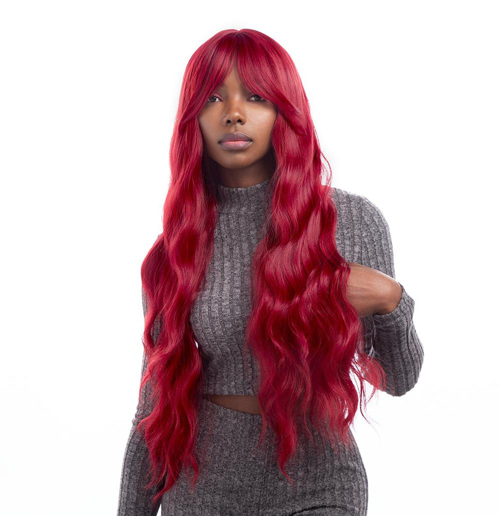 Cherry Garnet Red Long Water Wave HQ Synthetic Wig |  【Bangs】【Wig Cap Included】【250°F Heat Resistant】【Adjustable, Glueless】|#24